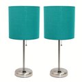 Diamond Sparkle Brushed Steel Stick Table Lamp with Charging Outlet & Fabric Shade, Teal - Set of 2 DI2519789